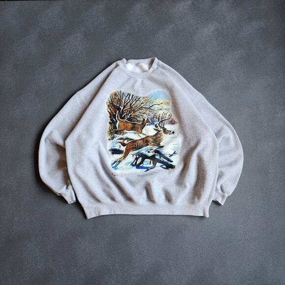 Y2K Deer Winter Wonderland Nature Grey Sweatshirt XXL - Picture 1 of 8
